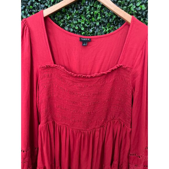 Torrid Baby doll Rayon Slub / Lace Inset Smocked Tiered Top, Women’s Size 1 XL - Picture 3 of 7